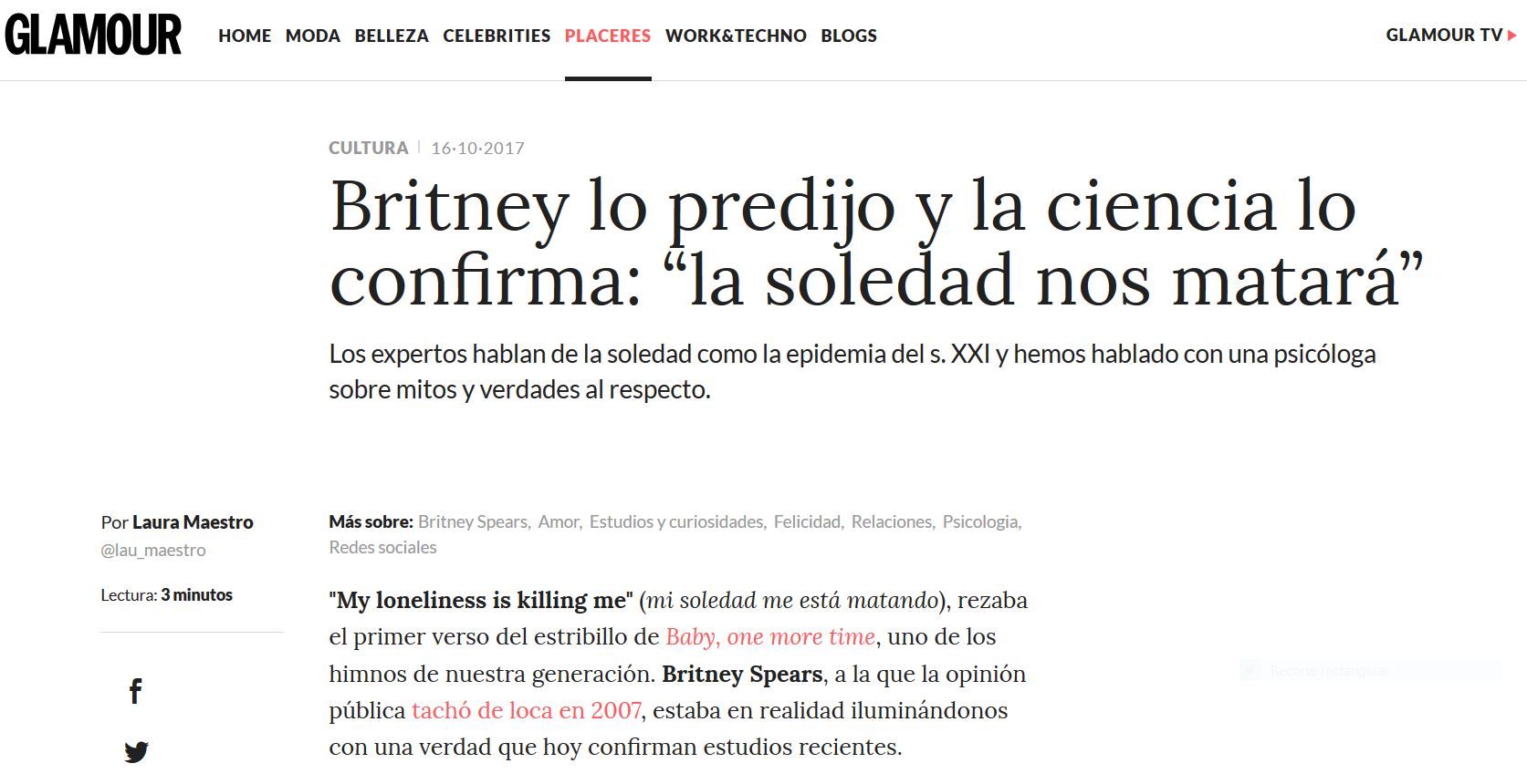 Glamour: Britney lo predijo y la ciencia lo confirma: “la soledad nos matará”